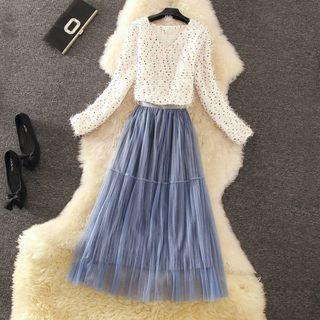 Set: Dotted V-neck Sweater + Midi A-line Mesh Skirt