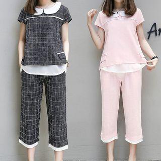 Set: Windowpane Short-sleeve Top + Cropped Pants