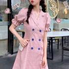 Plaid Short-sleeve Double-breasted A-line Mini Dress