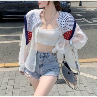 Long Sleeve Print Shawl Mock Two Piece Shirt White - One Size