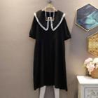 Short-sleeve Peter Pan Collar Panel Lace Dress Black - One Size