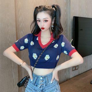 V Collar Floral Short-sleeved Knit Top Dark Blue - One Size