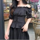 Lace-up Off-shoulder Elbow-sleeve Blouse