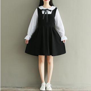 Mock Two Piece Color Panel Collared Long Sleeve Dress