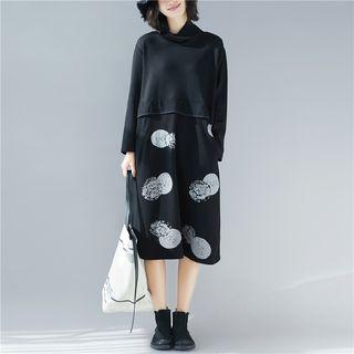 Long-sleeve Printed Paneled Midi Dress
