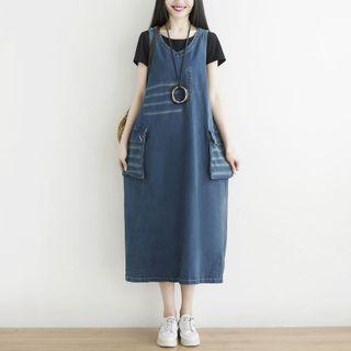 Pocketed Sleeveless Denim Dress Blue - One Size