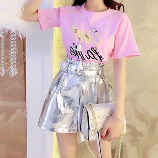 Set: Printed Short-sleeve T-shirt + Glitter Shorts