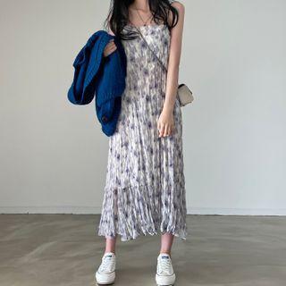 Spaghetti Strap Floral Print Crinkled Midi Shift Dress White - One Size