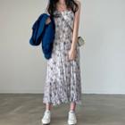 Spaghetti Strap Floral Print Crinkled Midi Shift Dress White - One Size
