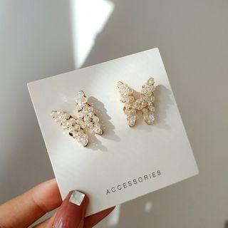Faux Pearl Butterfly Earring 1 Pair - Gold & White - One Size