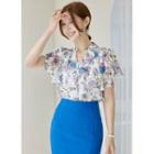 Bell-sleeve Open-placket Floral Blouse