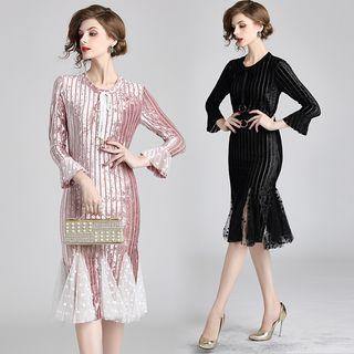 3/4-sleeve Sheer Panel Knit Mermaid Dress