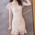 Lace Short-sleeve Ruffle Hem Mini Bodycon Dress