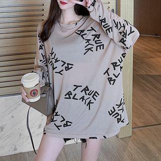 Lettering Long-sleeve Oversize T-shirt Coffee - One Size