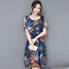 Short-sleeve Drop-waist Patterned Dress