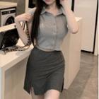 Short-sleeve Collared Button-up Top / Slit Mini Pencil Skirt