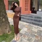 Set: Long-sleeve Contrast Trim Top + Maxi Pencil Skirt
