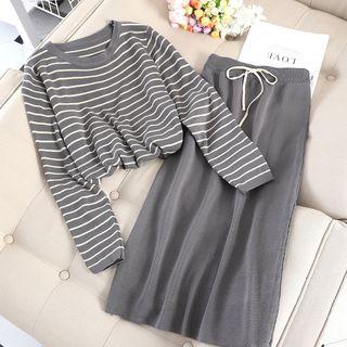 Set: Striped Sweater + Knitted Straight-fit Skirt