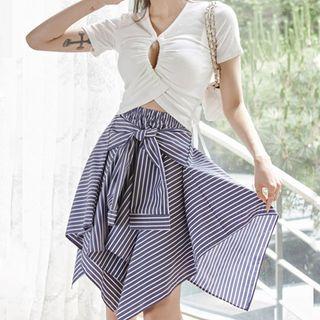 Set: Short-sleeve Knit Top + Irregular Hem Striped Midi A-line Skirt
