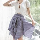 Set: Short-sleeve Knit Top + Irregular Hem Striped Midi A-line Skirt