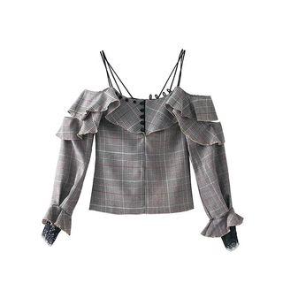 Plaid Shorts / Spaghetti Strap Off-shoulder Ruffle Long-sleeve Top