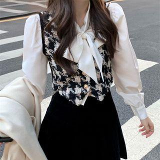 Ribbon Tie-neck Blouse / Mini A-line Skirt / Single-breasted Vest
