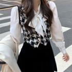 Ribbon Tie-neck Blouse / Mini A-line Skirt / Single-breasted Vest