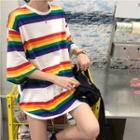 3/4-sleeve Rainbow Stripe T-shirt As Shown In Figure - One Size