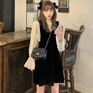 Set: Long-sleeve Dotted Blouse + Tank Dress
