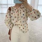 Puff-sleeve Floral Print Blouse Red & Blue Floral - White - One Size