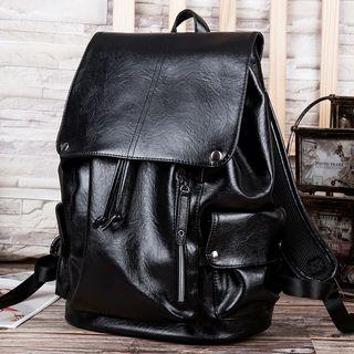 Drawstring Faux-leather Backpack Black - One Size
