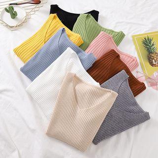 V-neck Plain Ribbed Knit Top