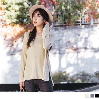 Slit-side Lace Panel Long Sleeve Sweater