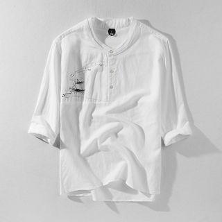 Printed Elbow-sleeve Henley Linen T-shirt