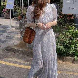 Puff-sleeve Floral Lace Up Midi Dress