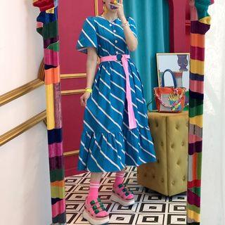 Short Sleeve Striped Dress Blue - One Size