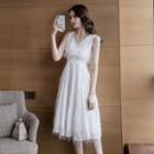 V-neck Fringed Trim Sleeveless A-line Dress