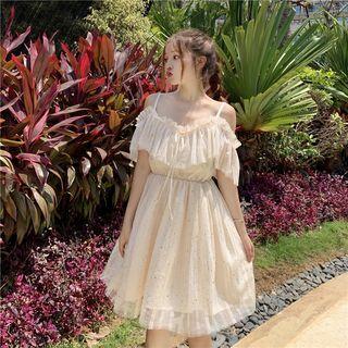 Sequined Mesh Off-shoulder Short Sleeve Dress