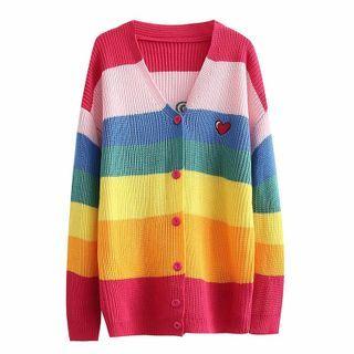 Rainbow Block Cardigan Red & White & Blue - S