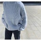 Turtle-neck Cable-knit Sweater Blue - One Size