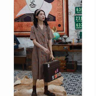 Plaid Short-sleeve Midi Collared Dress