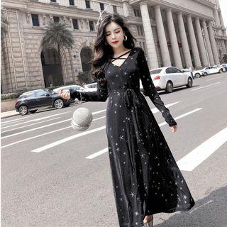 Star Patterned Long-sleeve Midi A-line Dress