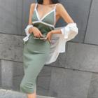 Contrast-strap Midi Bodycon Dress