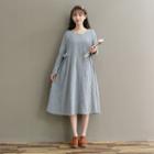Long-sleeve Midi A-line Dress Light Blue - One Size