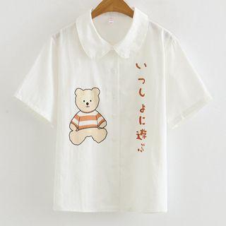 Short-sleeve Bear Print Blouse White - One Size