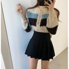Color Block Cardigan / Pleated Skirt