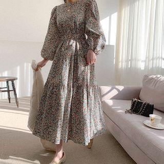 Balloon-sleeve Floral Print Tiered Dress With Belt