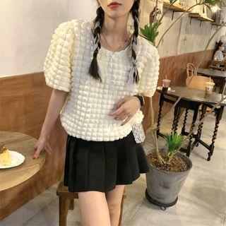 Puff-sleeve Plain T-shirt Off White - One Size