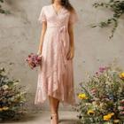 Short-sleeve Lace Wrap A-line Midi Dress