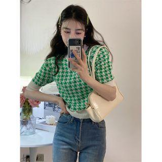 Elbow-sleeve Houndstooth Knit Top Green - One Size